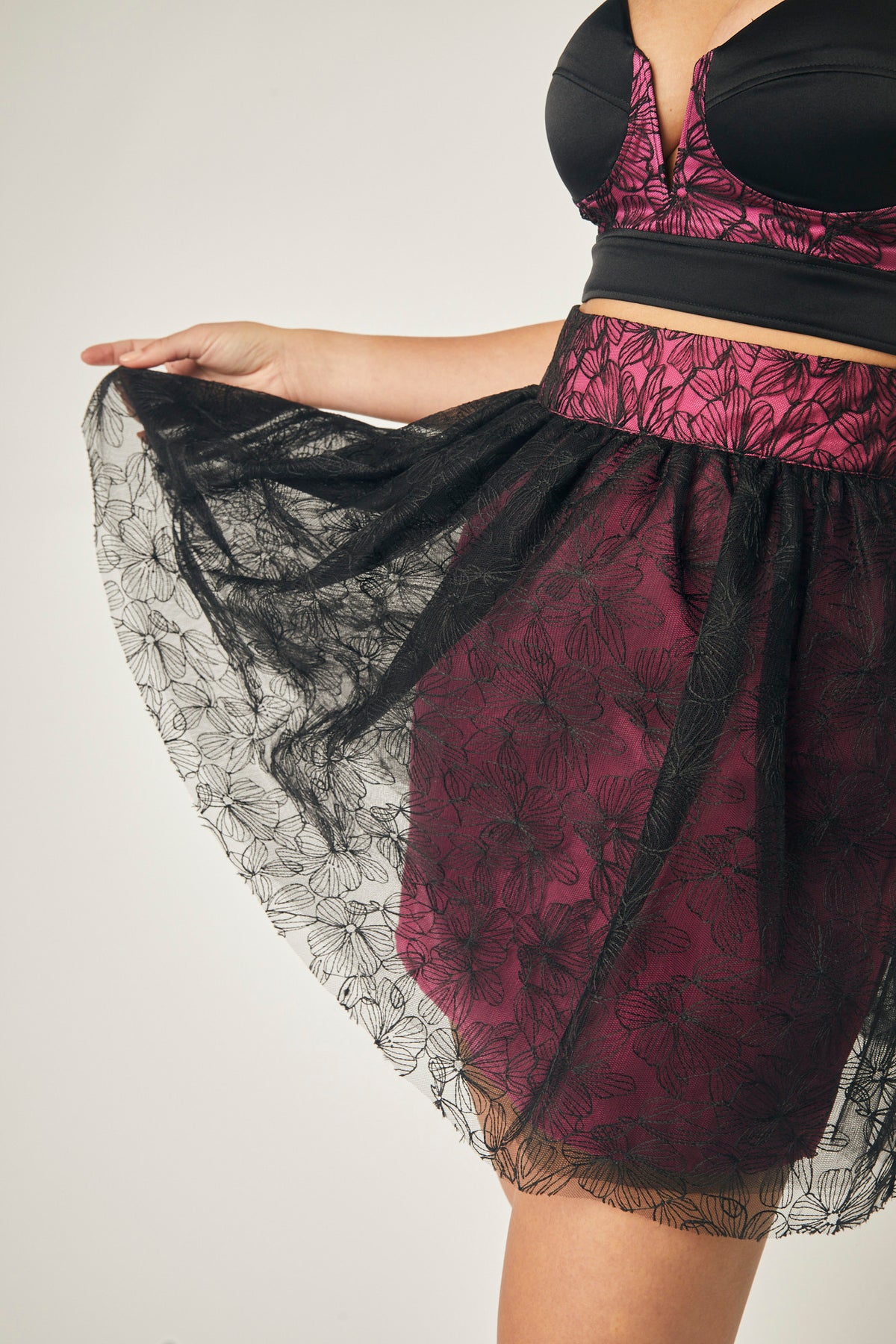 Raquel Embroidered Mesh Skirt In Raspberry Rose