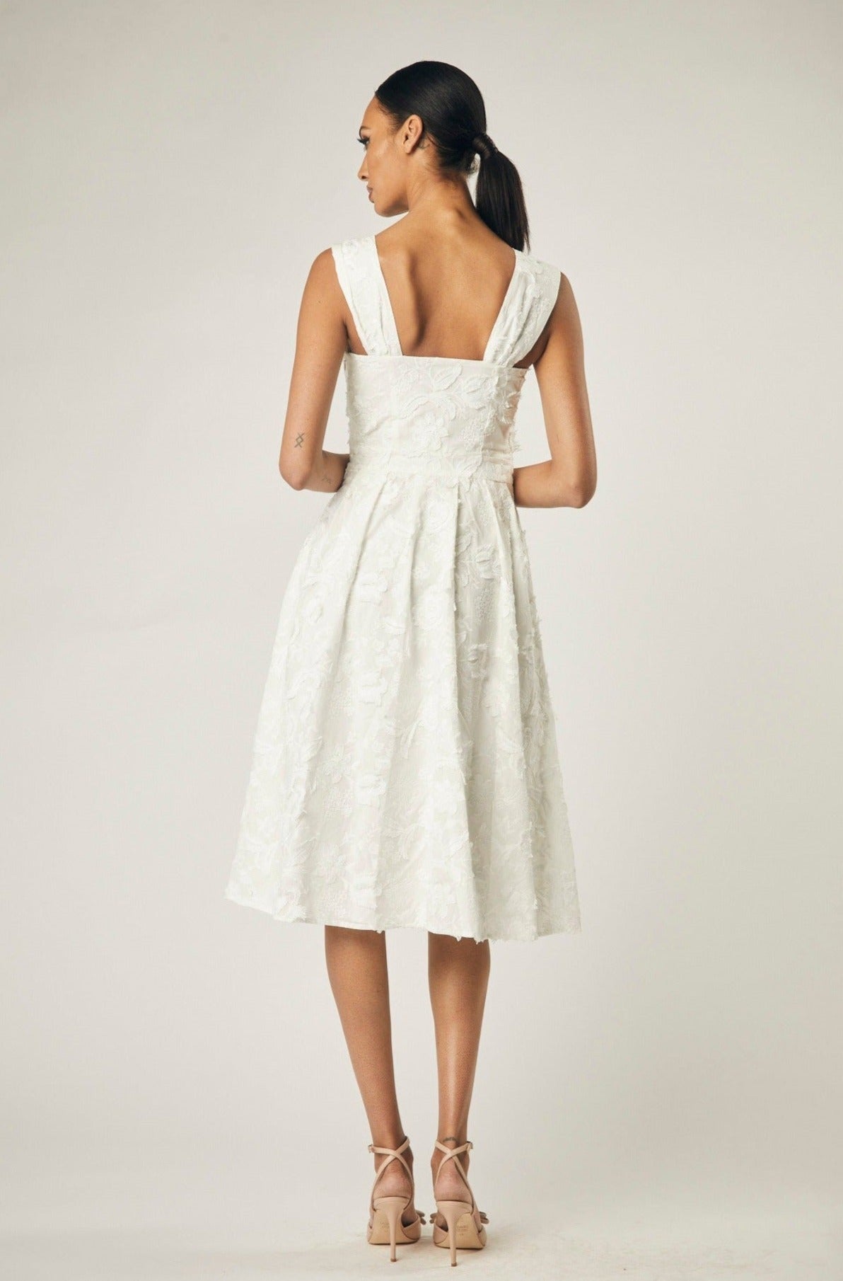 Cora Cotton Floral Embroidered Midi Dress In White