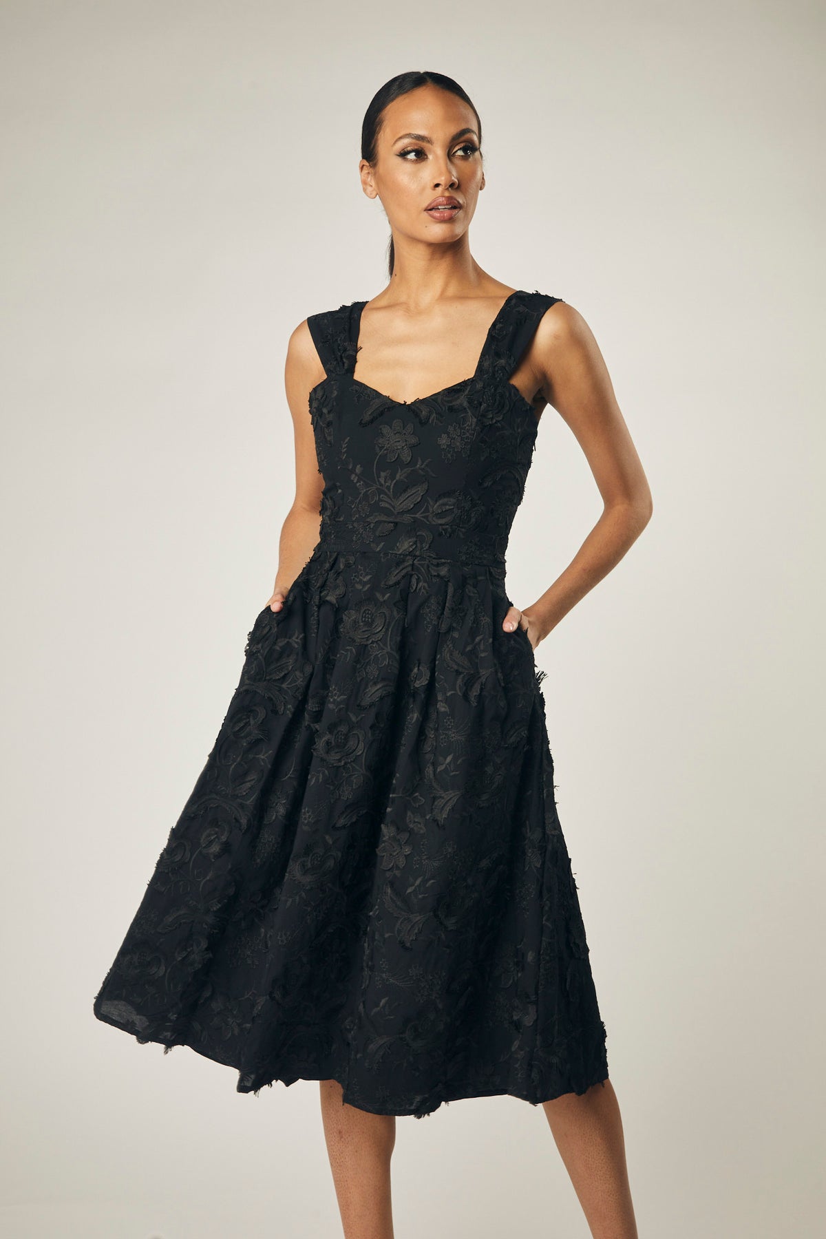 Cora Floral Embroidered Midi Dress In Black