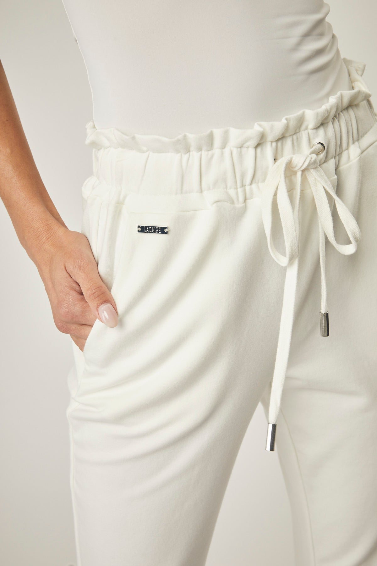 Hazel Straight Leg Track Pant With Elastic Waist - White