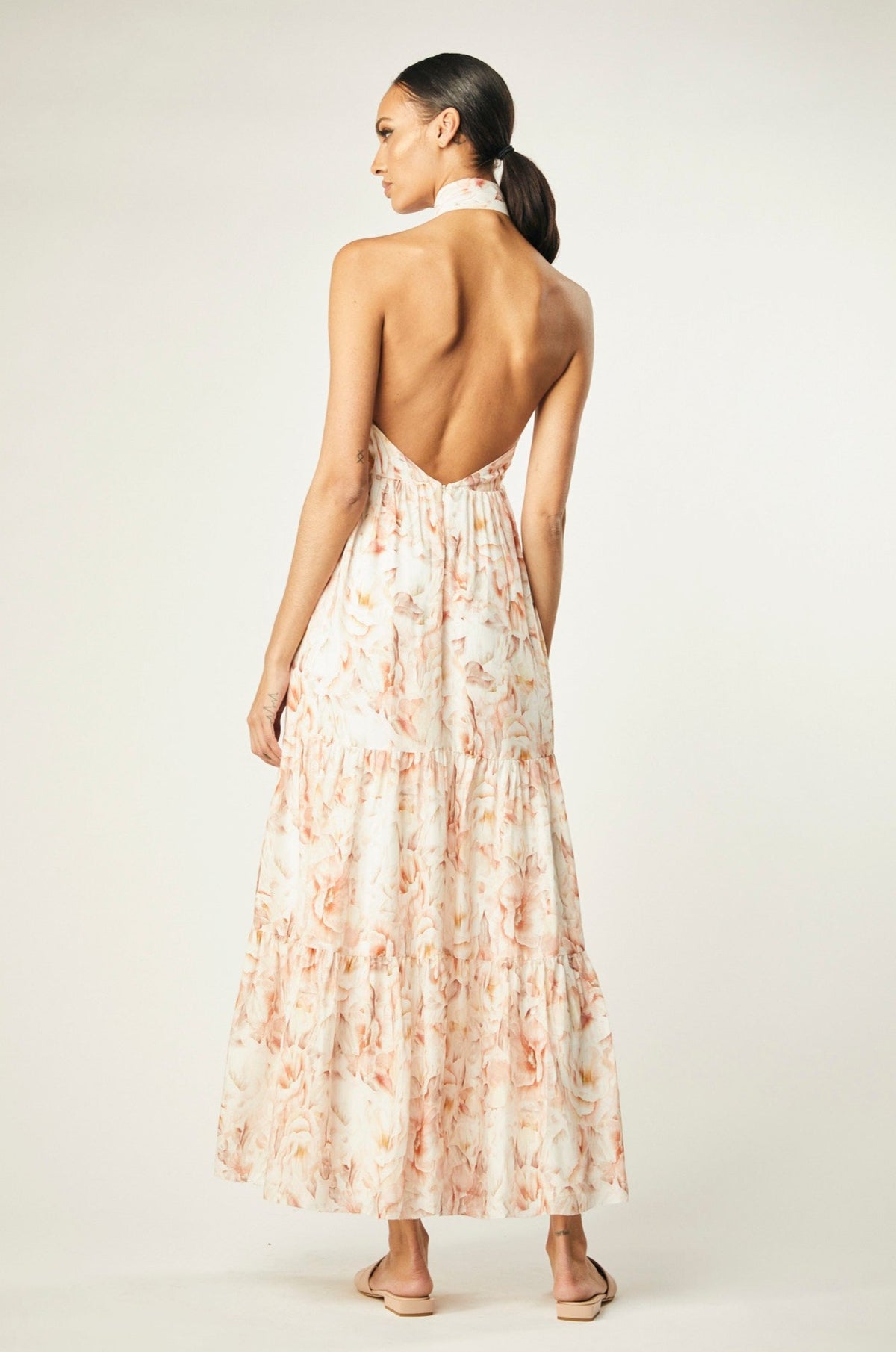 Venus Halter Maxi Dress In Floral Silk Chiffon- Blush Floral