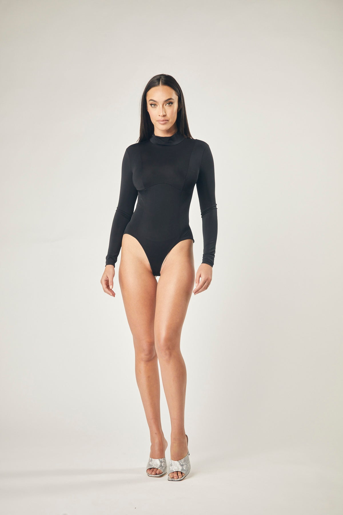 Evelyn Stretch Nylon Long Sleeve Turtleneck Bodysuit In Black