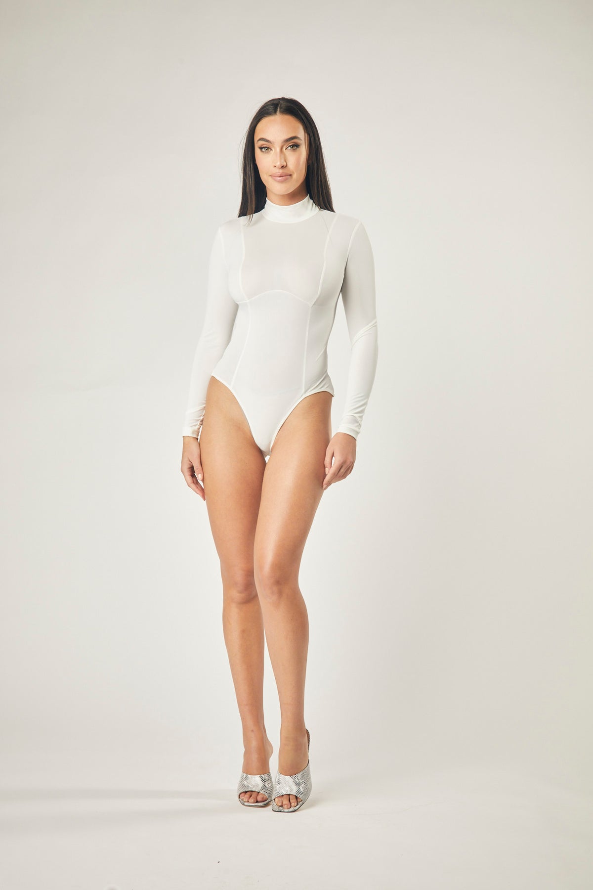 Evelyn Stretch Nylon Long Sleeve Turtleneck Bodysuit In White