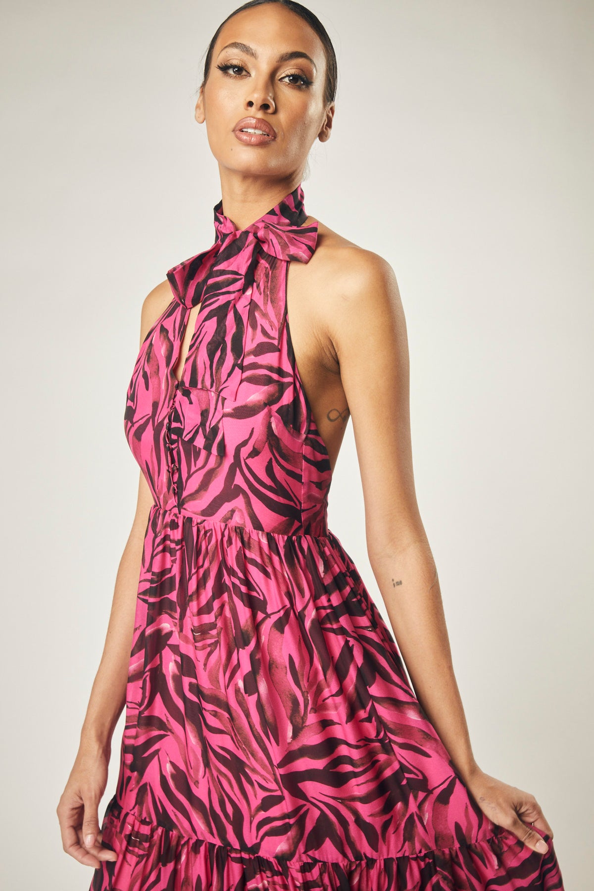 Venus Halter Maxi Dress In Silk Chiffon- Raspberry Rose Zebra