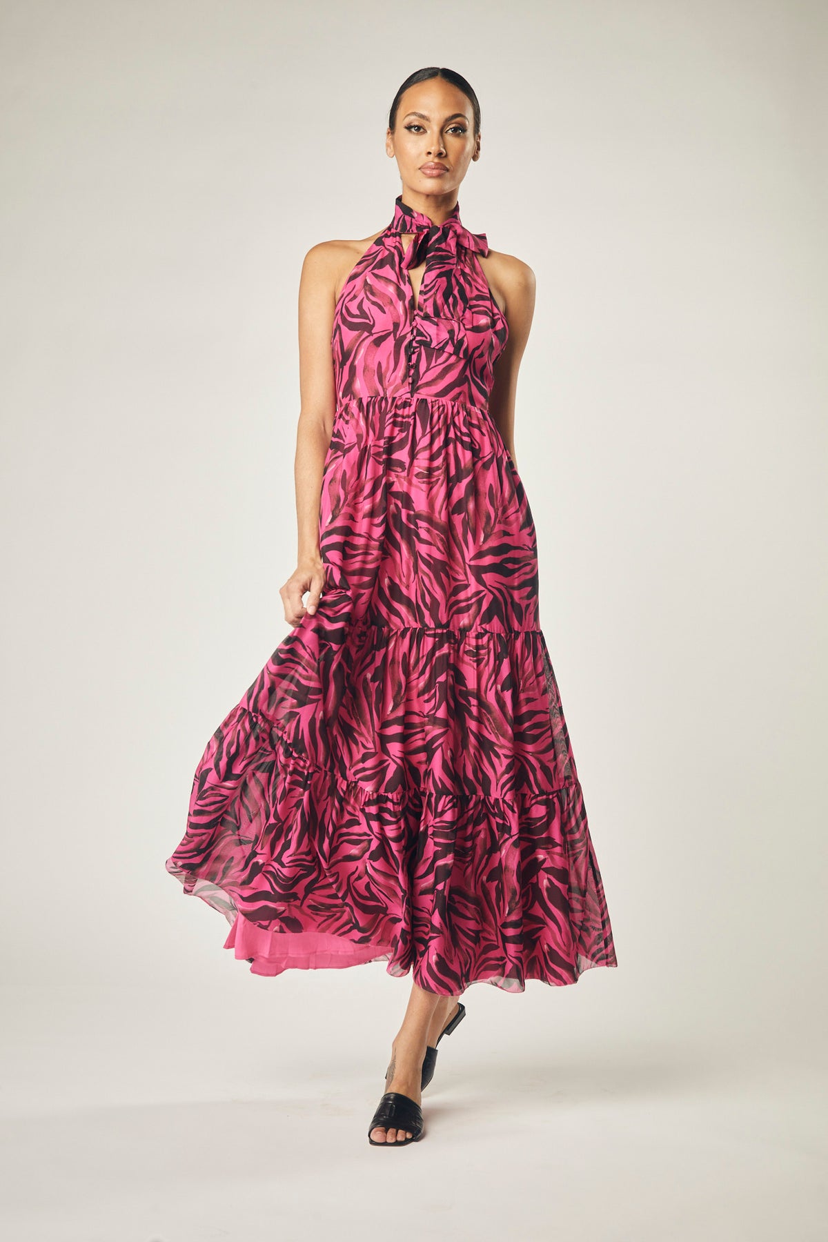 Venus Halter Maxi Dress In Silk Chiffon- Raspberry Rose Zebra