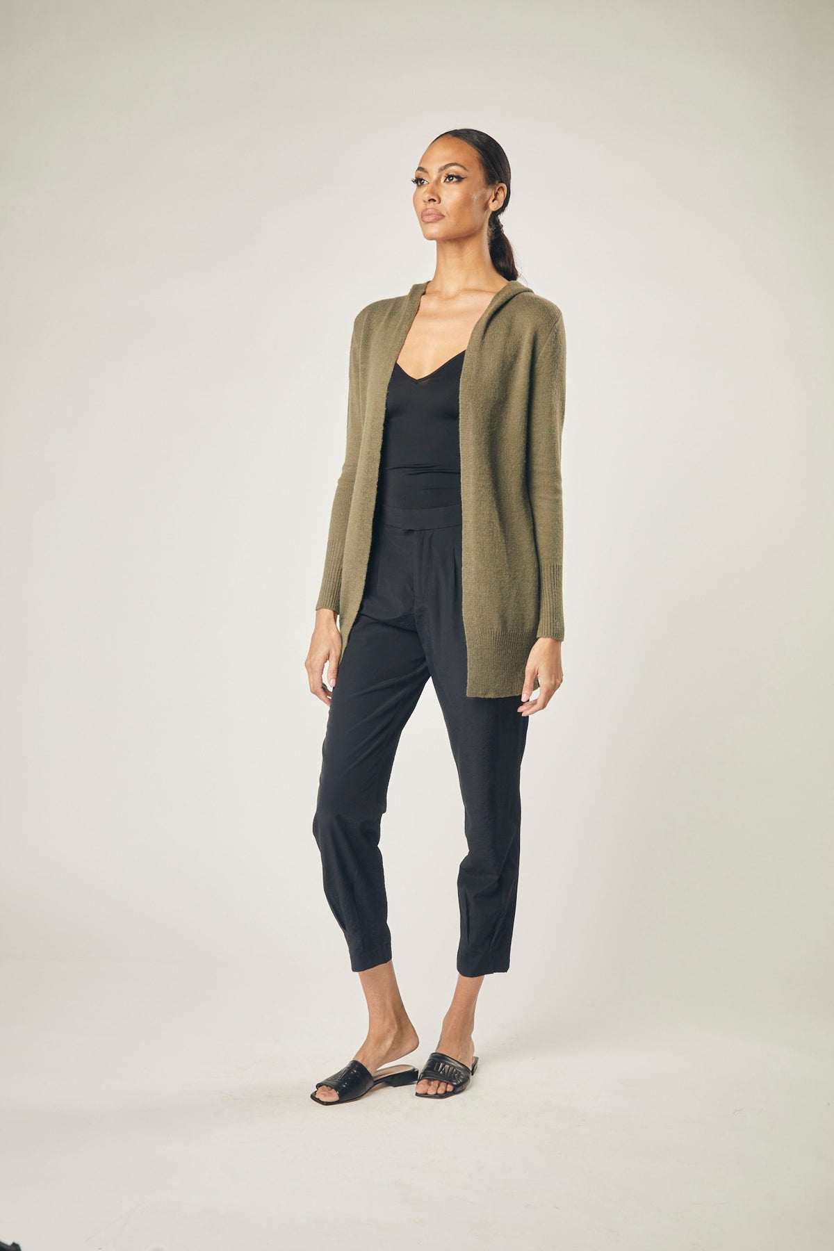 Willow Wool Blend Cardigan With Hoodie in Olive