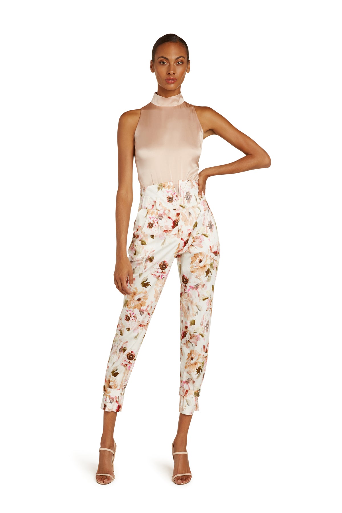 Marie Cotton High Waist Pants in White Floral