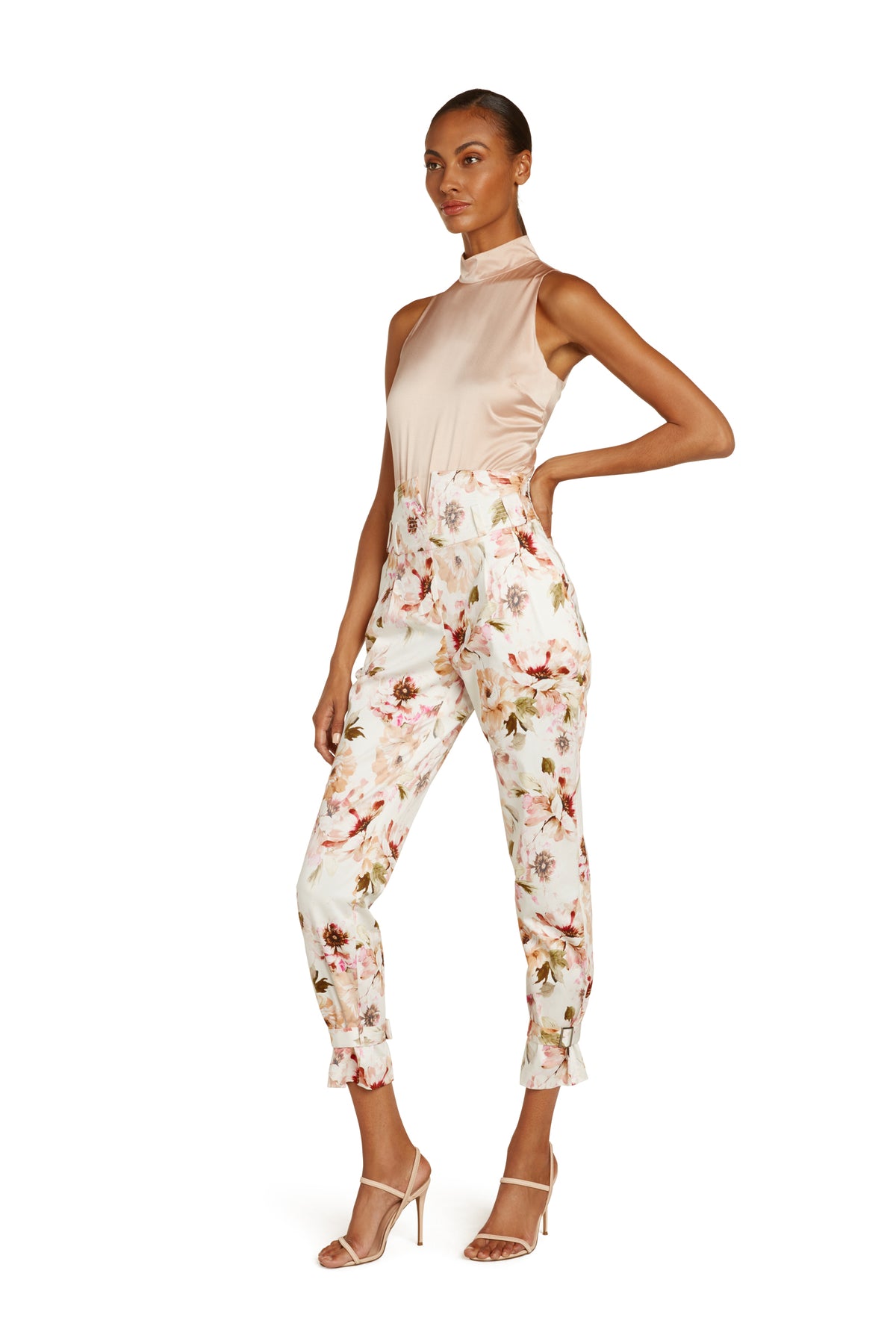 Marie Cotton High Waist Pants in White Floral