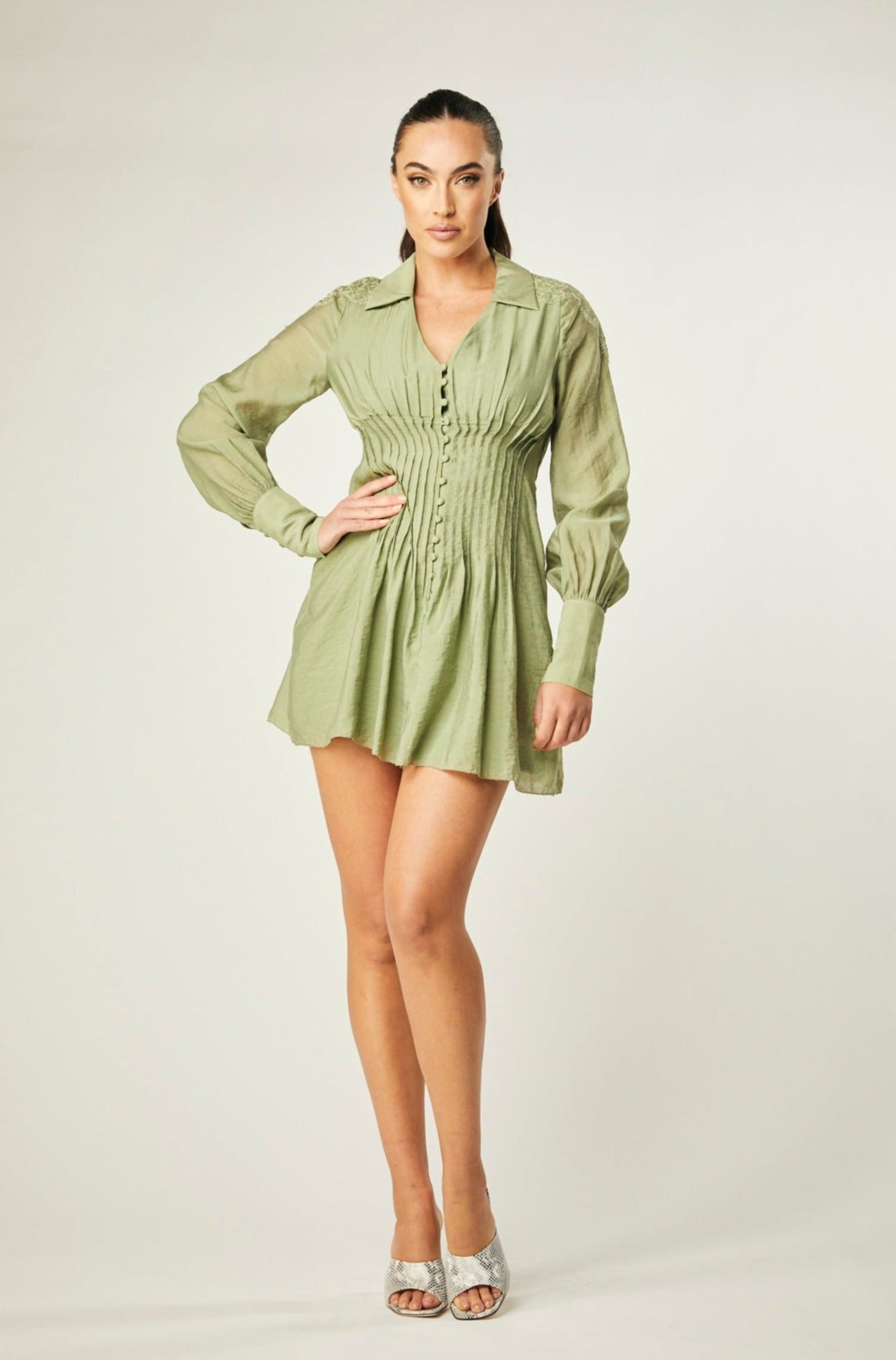 Kelly Pleated Silk Mini Dress With Lace In Kale